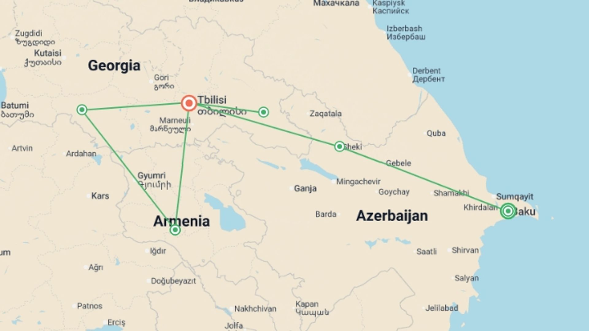 A map showing the tour itinerary for the trip: Caucasus Countries (12 days), starting in Baku, Azerbaijan and ending in Tbilisi, Georgia going through 3 other destinations.