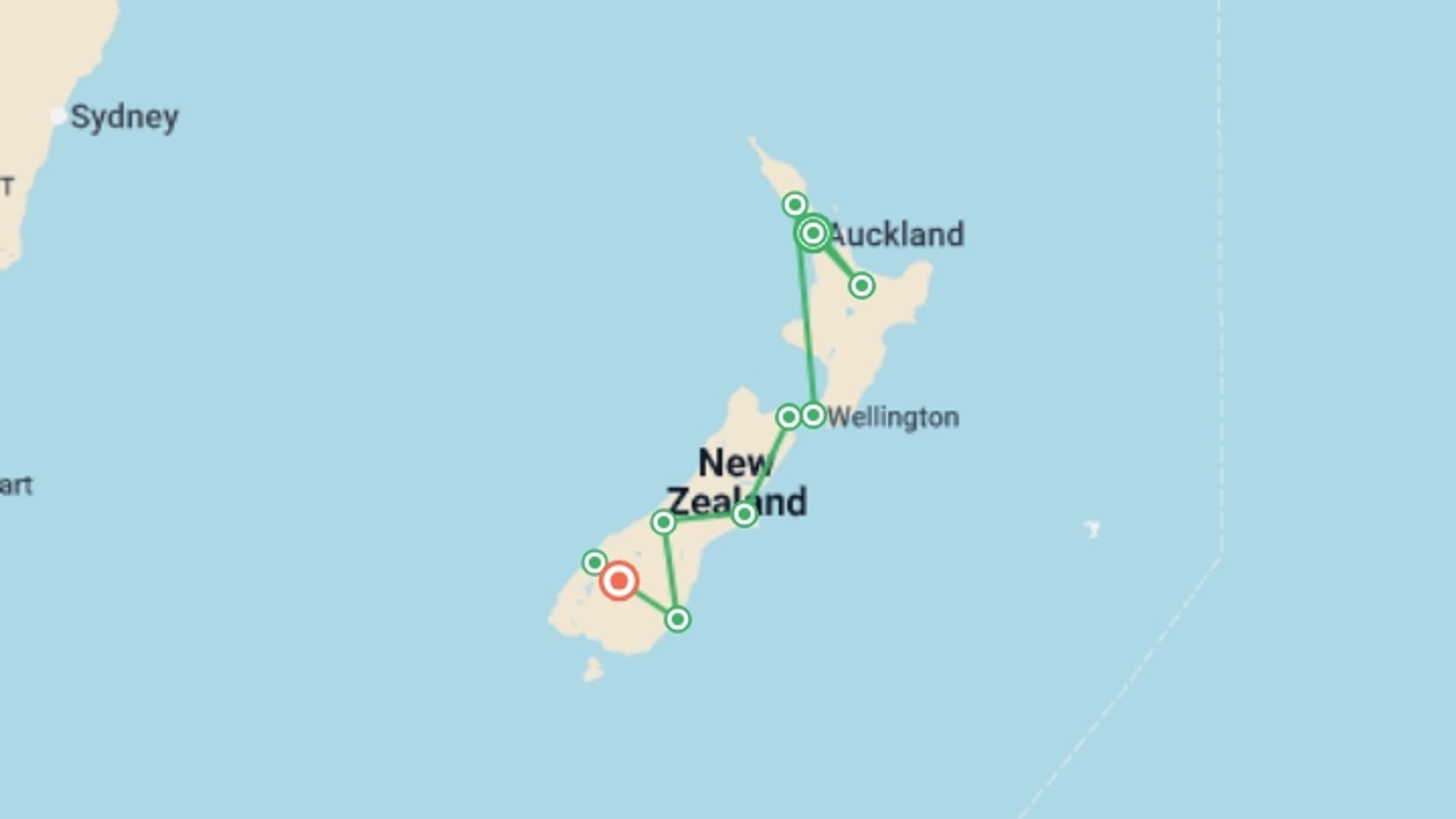 A map showing the tour itinerary for the trip: Exploring New Zealand's Wonders, starting in Auckland, New Zealand and ending in Queenstown, New Zealand going through 5 other destinations.