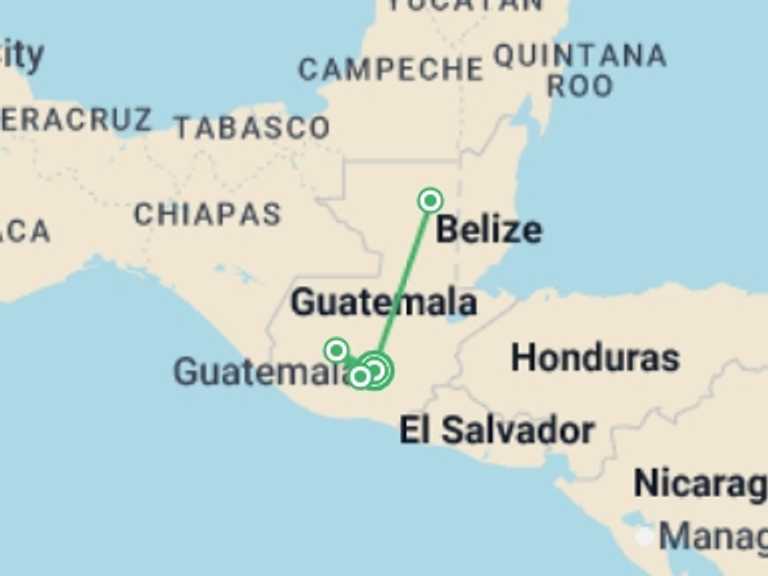 Map of Central America Explorer Tour with 4 destination visits for the trip: Real Guatemalan Group Experience 8D/7N