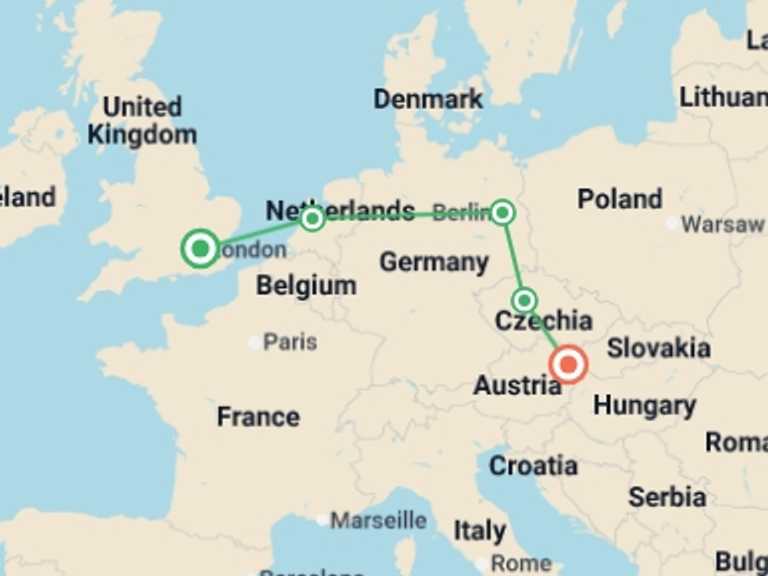 Map itinerary of London Tour in January 2027 with 5 destination visits for the trip: London to Vienna Trail