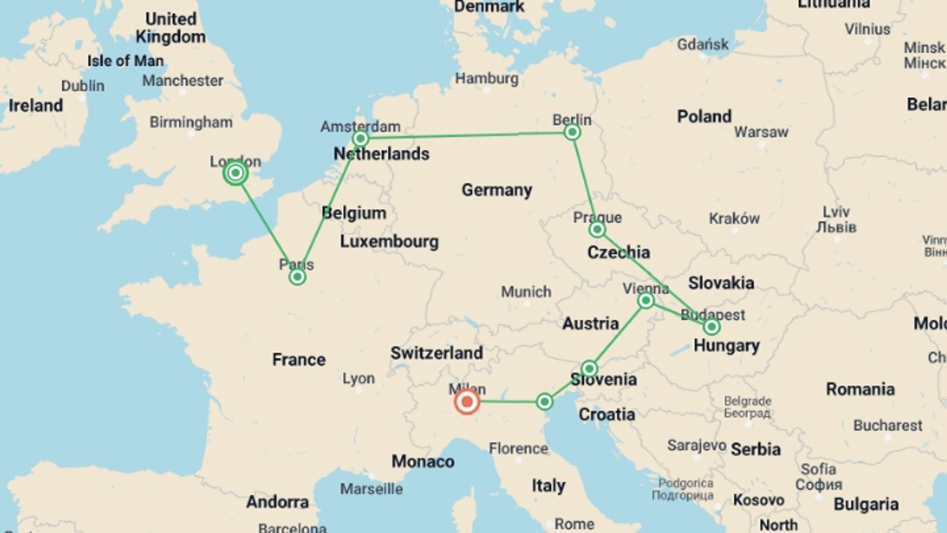 A map showing the tour itinerary for the trip: Discover Europe by Rail, starting in London, England and ending in Milan, Italy going through 8 other destinations.