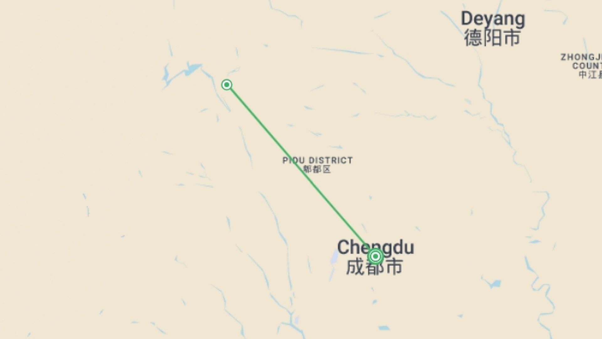 A map showing the tour itinerary for the trip: Pandas, Chengdu & Dujiangyan (Superior) - 4 days, starting in Chengdu, China and ending in Chengdu, China going through 1 other destinations.