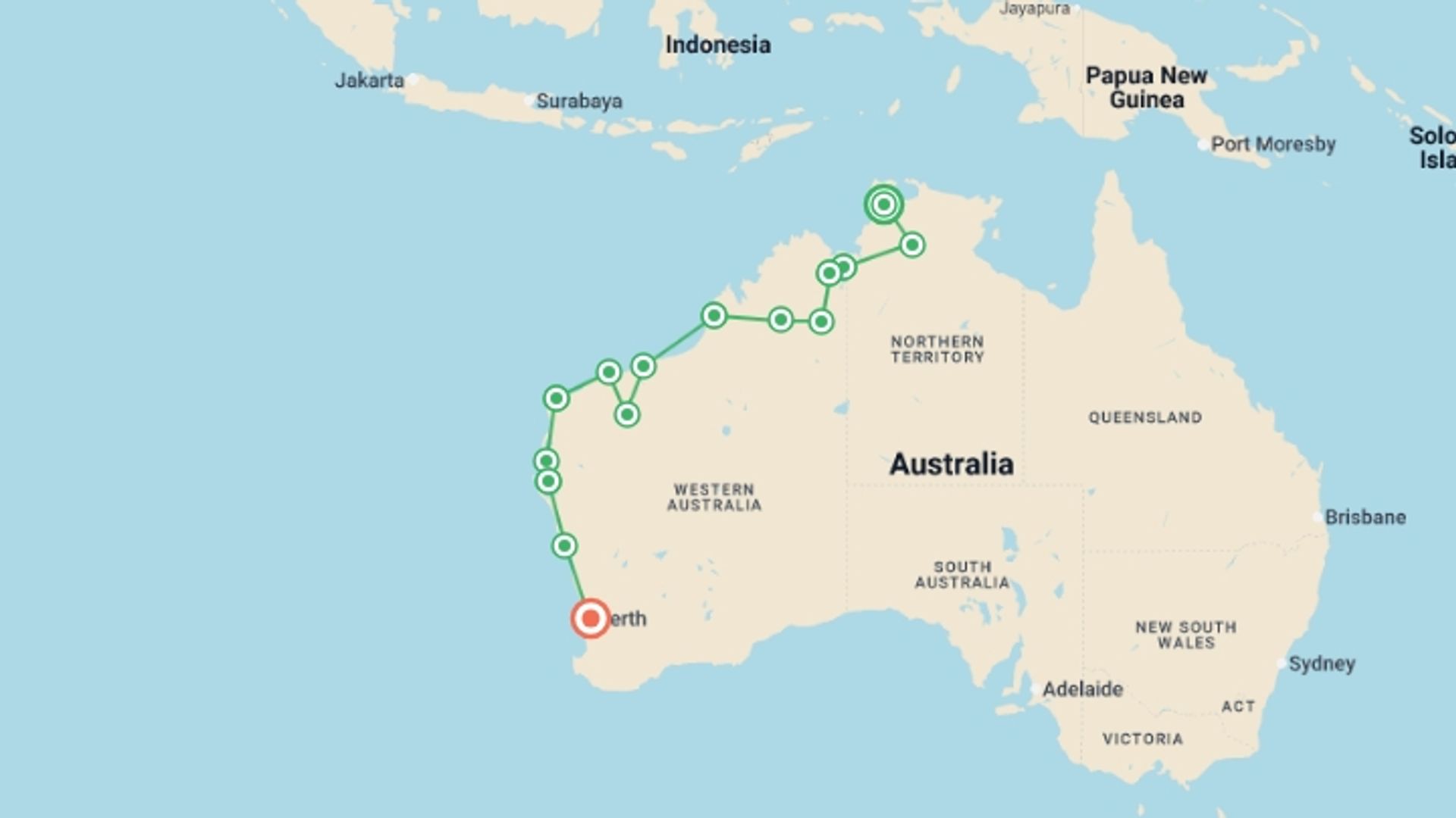 A map showing the tour itinerary for the trip: Untamed Kimberley and West Coast, starting in Darwin, Australia and ending in Perth, Australia going through 15 other destinations.