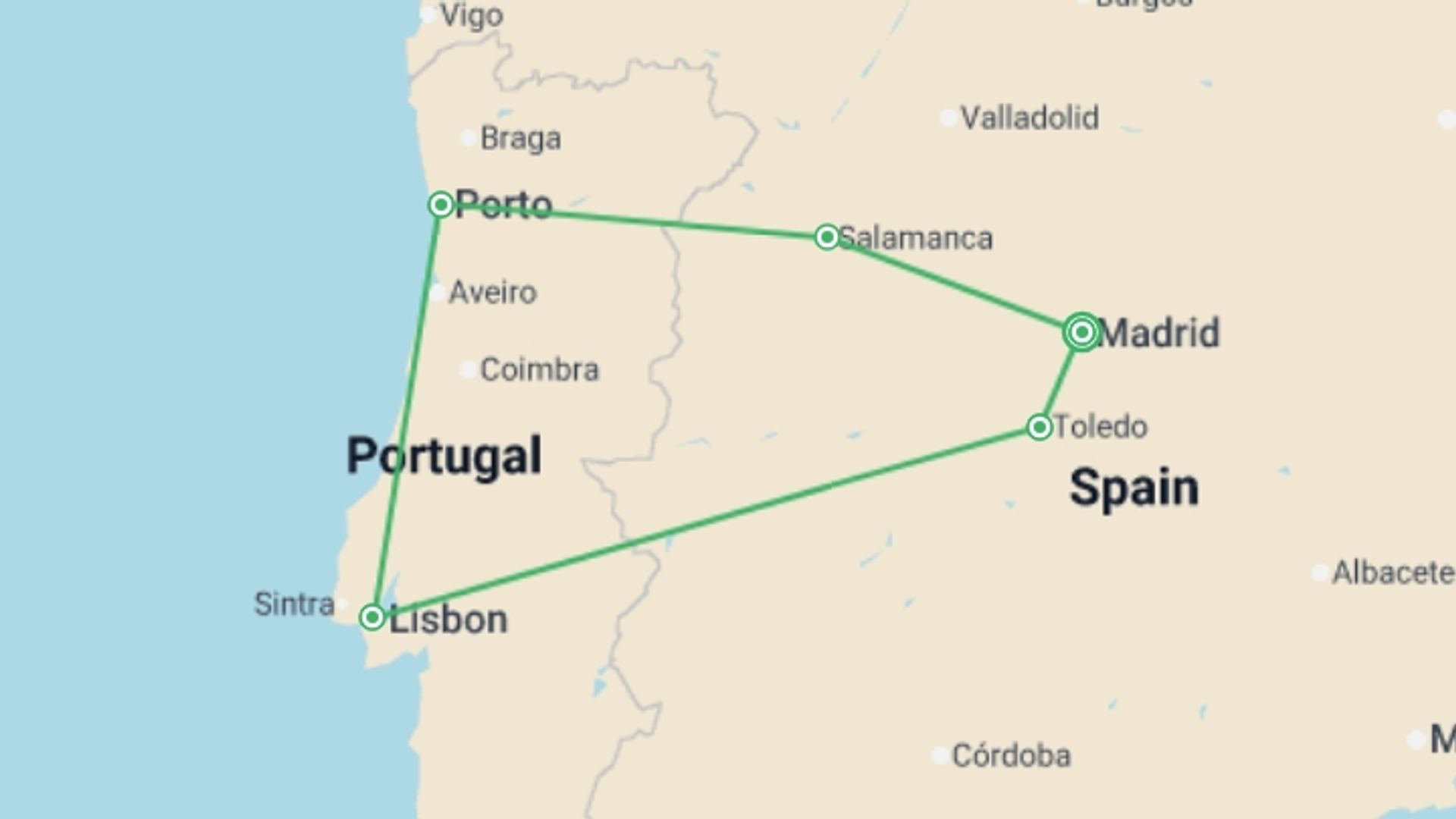 A map showing the tour itinerary for the trip: The Charms Of Spain And Portugal (multi Country), starting in Madrid, Spain and ending in Madrid, Spain going through 4 other destinations.
