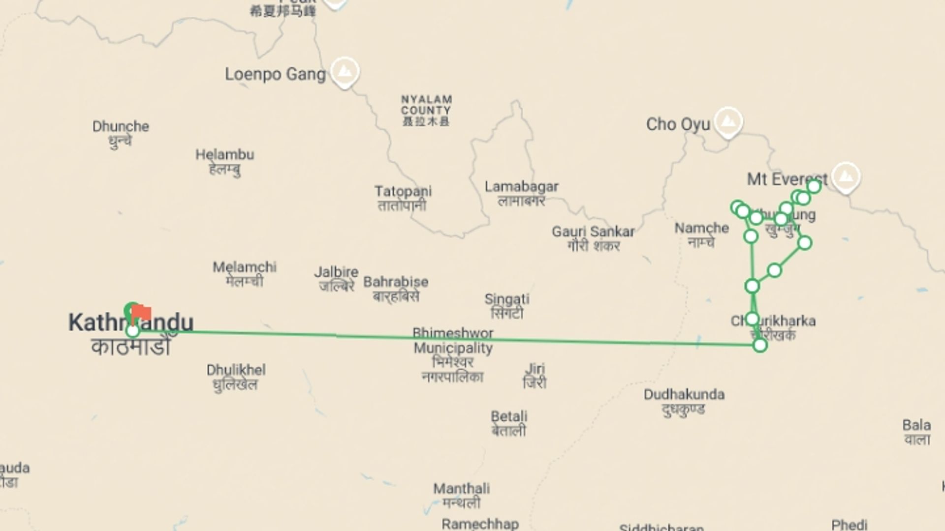 A map showing the tour itinerary for the trip: Gokyo Cho-la pass Everest Base Camp Trek., starting in Kathmandu, Nepal and ending in Kathmandu, Nepal going through 12 other destinations.
