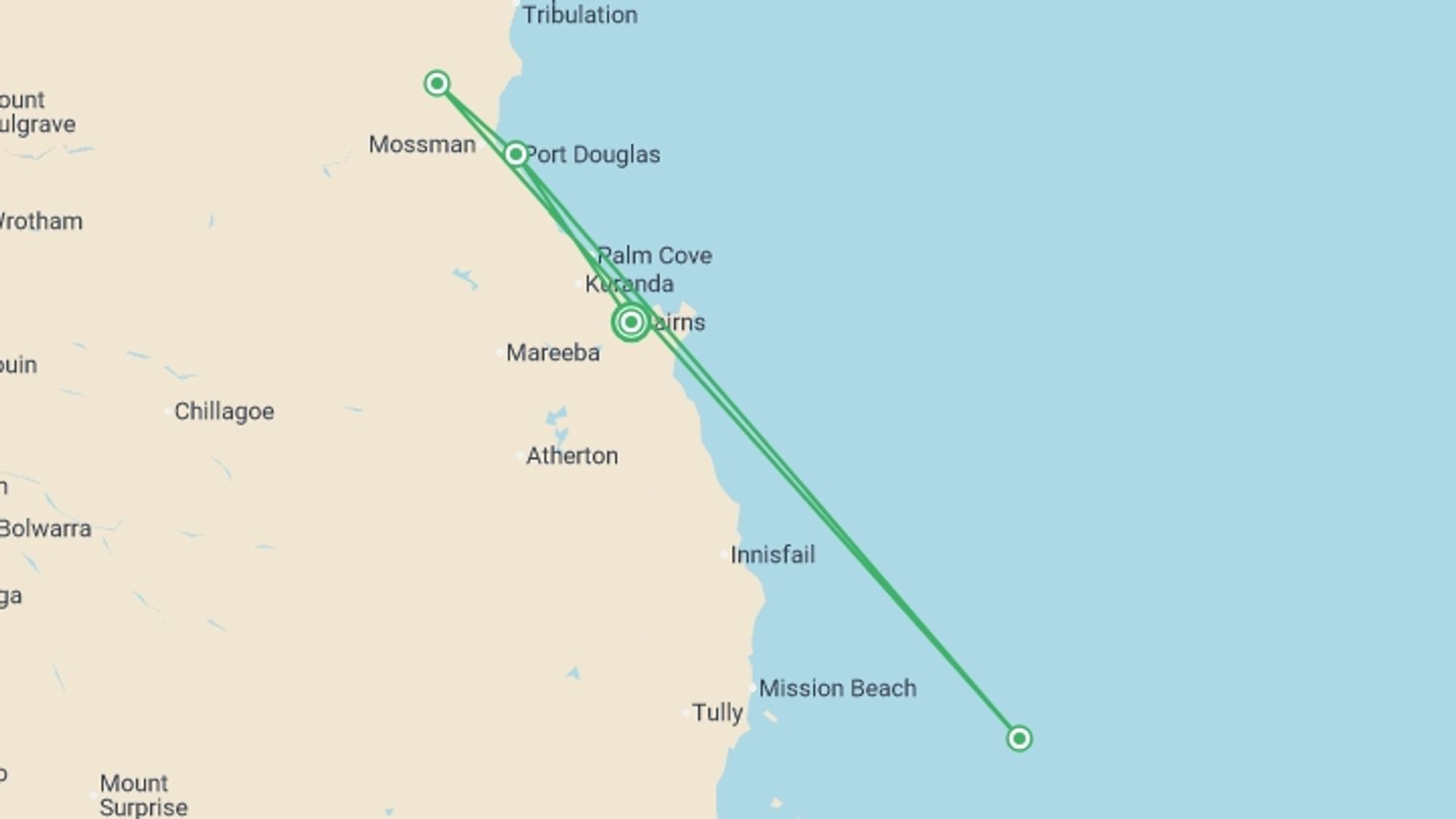 A map showing the tour itinerary for the trip: Tropical Reef and Rainforest, starting in Cairns, Australia and ending in Cairns, Australia going through 3 other destinations.