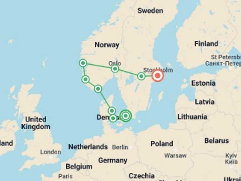 Map of Europe Tour with 6 destination visits for the trip: Highlights of Scandinavia