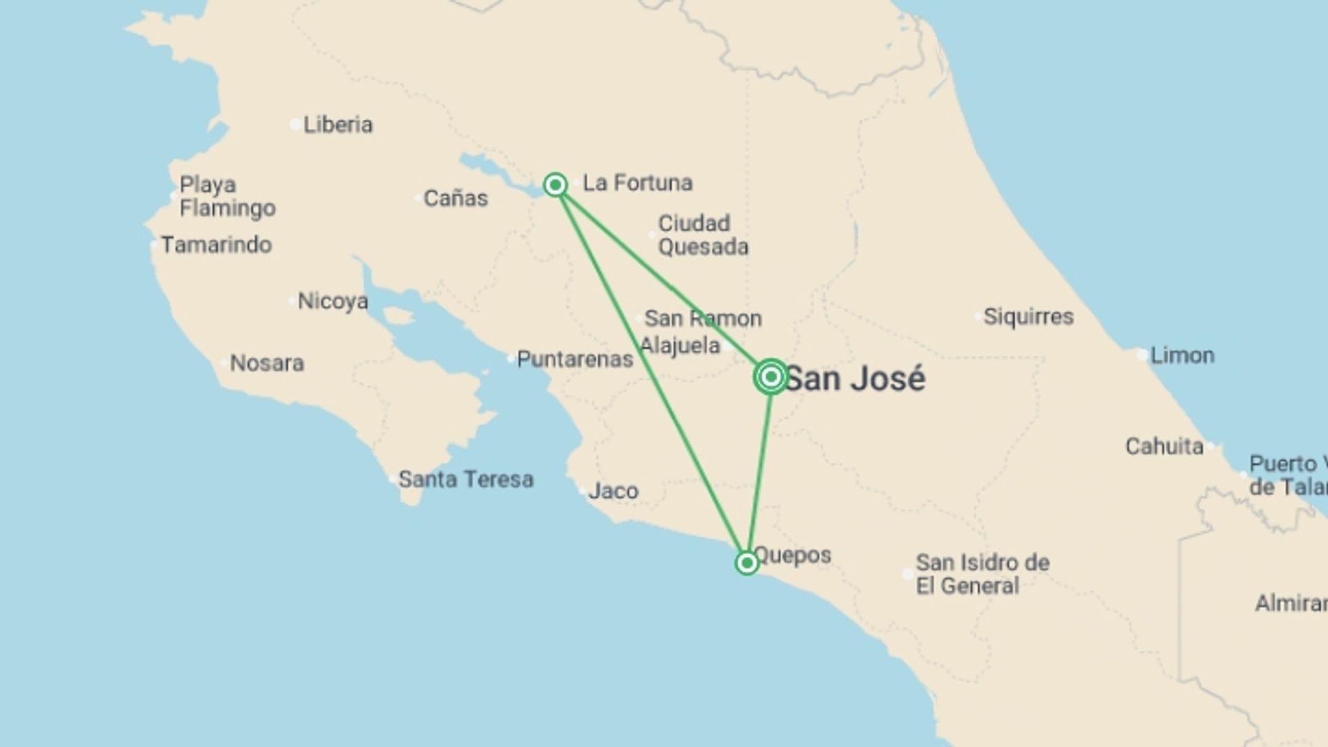 A map showing the tour itinerary for the trip: Costa Rican Adventure, starting in San Jose, Costa Rica and ending in San Jose, Costa Rica going through 3 other destinations.