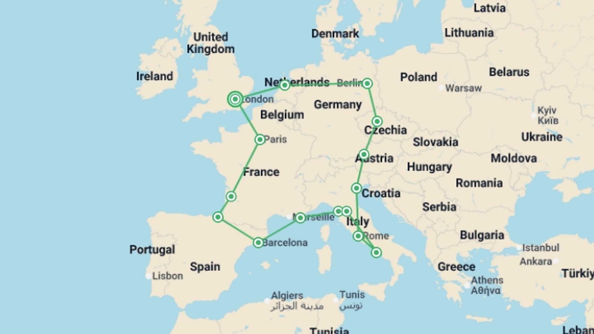 A map showing the tour itinerary for the trip: European Quest, starting in London, England and ending in London, England going through 15 other destinations.
