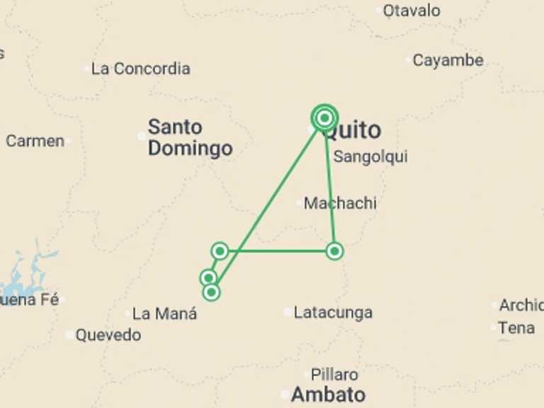 Map itinerary of Quito Tour in December 2025 with 3 destination visits for the trip: Ecuador Volcanoes Adventure 5D/4N