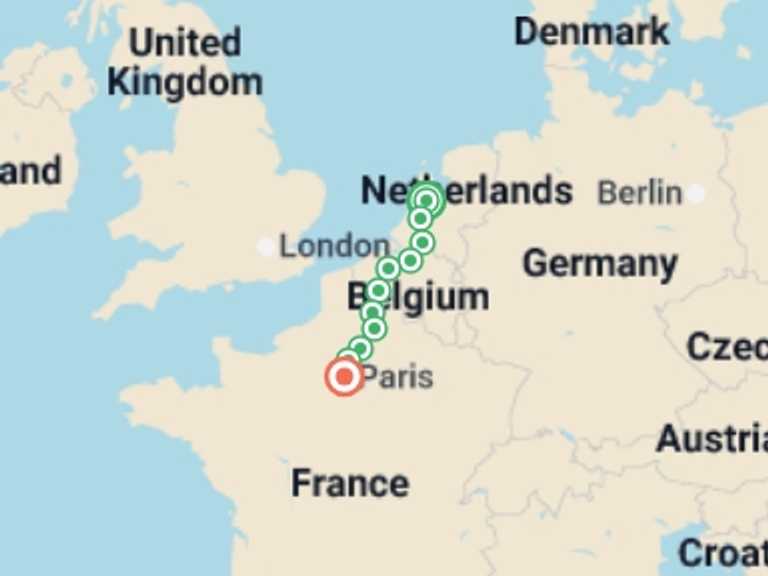 Map itinerary of Mediterranean Tour in July 2026 with 11 destination visits for the trip: Cycle Amsterdam to Paris