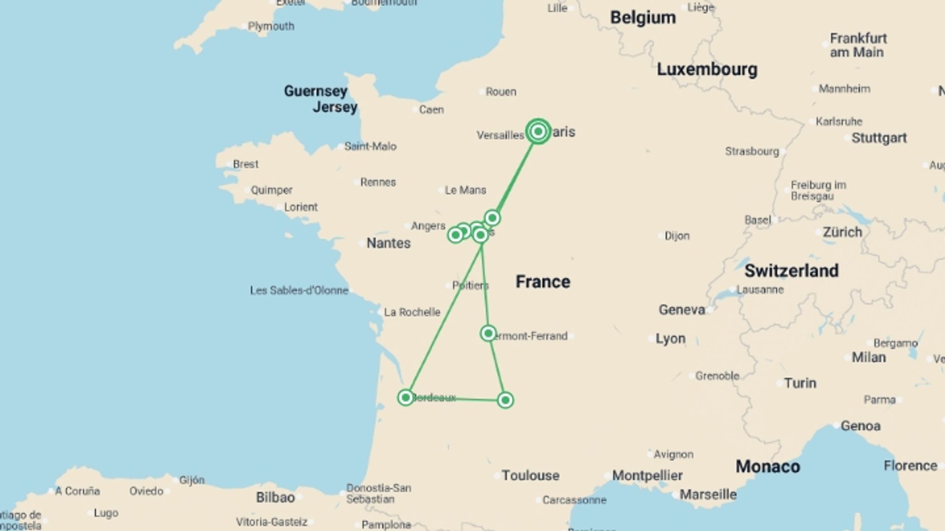 A map showing the tour itinerary for the trip: French Dream, starting in Paris, France and ending in Paris, France going through 4 other destinations.