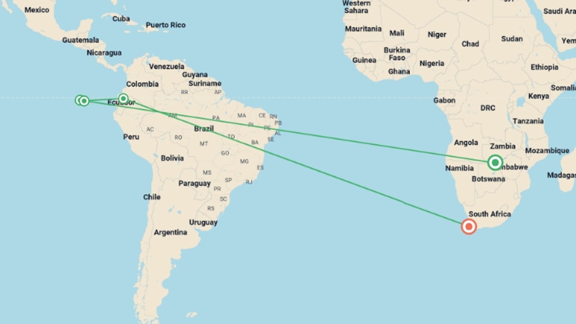 A map showing the tour itinerary for the trip: Galapagos Essentials (5 Days), starting in Victoria Falls, Zimbabwe and ending in Cape Town, South Africa going through 3 other destinations.