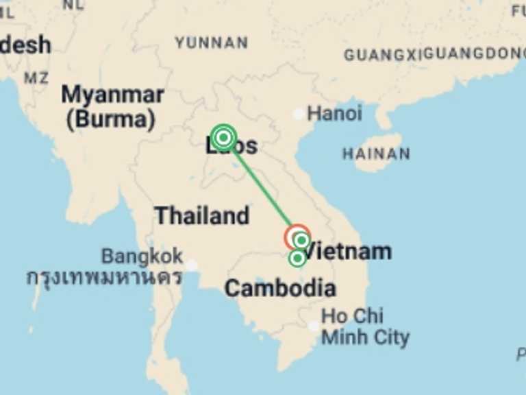 Map itinerary of Laos Tour in October 2025 with 4 destination visits for the trip: Luang Prabang & Southern Laos - 8 days