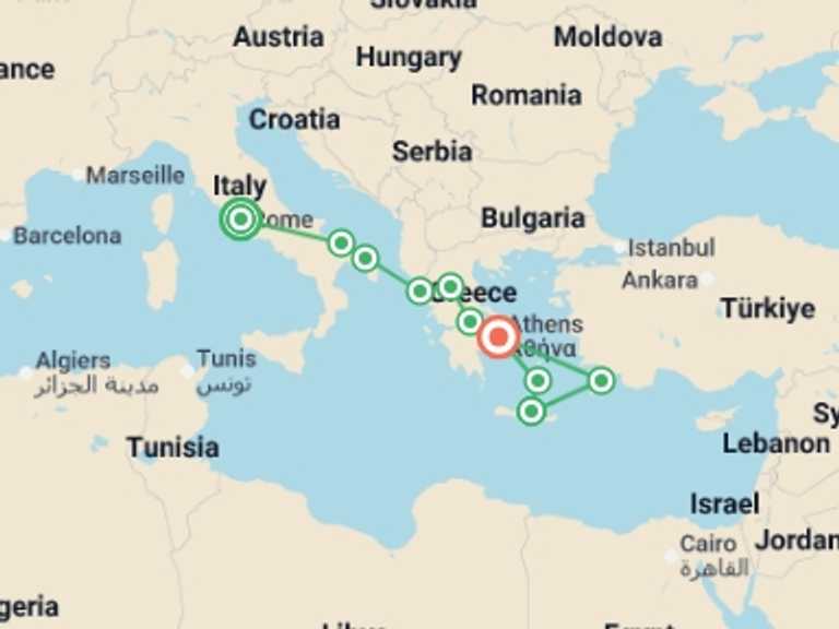 Map of a Cultural, religious and historic sites Tour with 7 destination visits for the trip: Rome, Puglia, Meteoras and Greek Islands