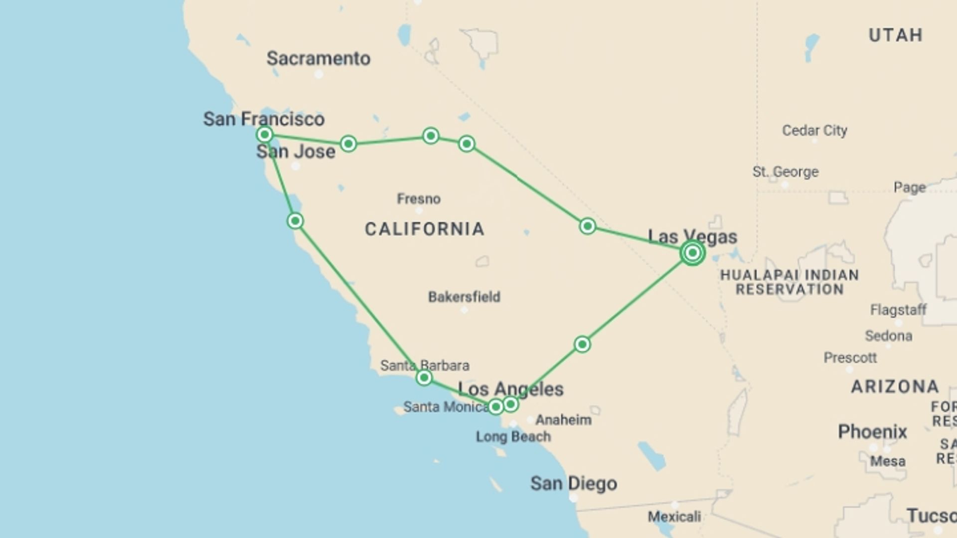 A map showing the tour itinerary for the trip: Western Frontiers - California Highlights, starting in Las Vegas, USA and ending in Las Vegas, USA going through 6 other destinations.