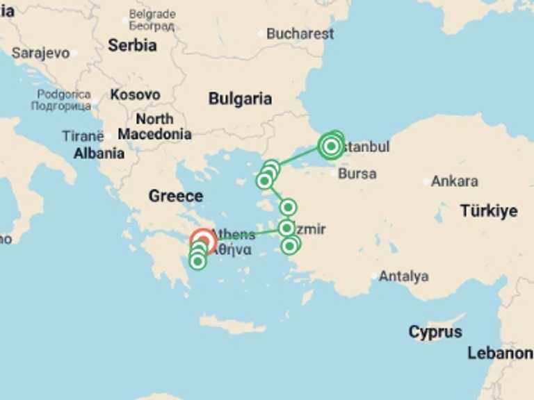 Map of Europe Tour with 5 destination visits for the trip: Turkey to Greece Express - 9 days