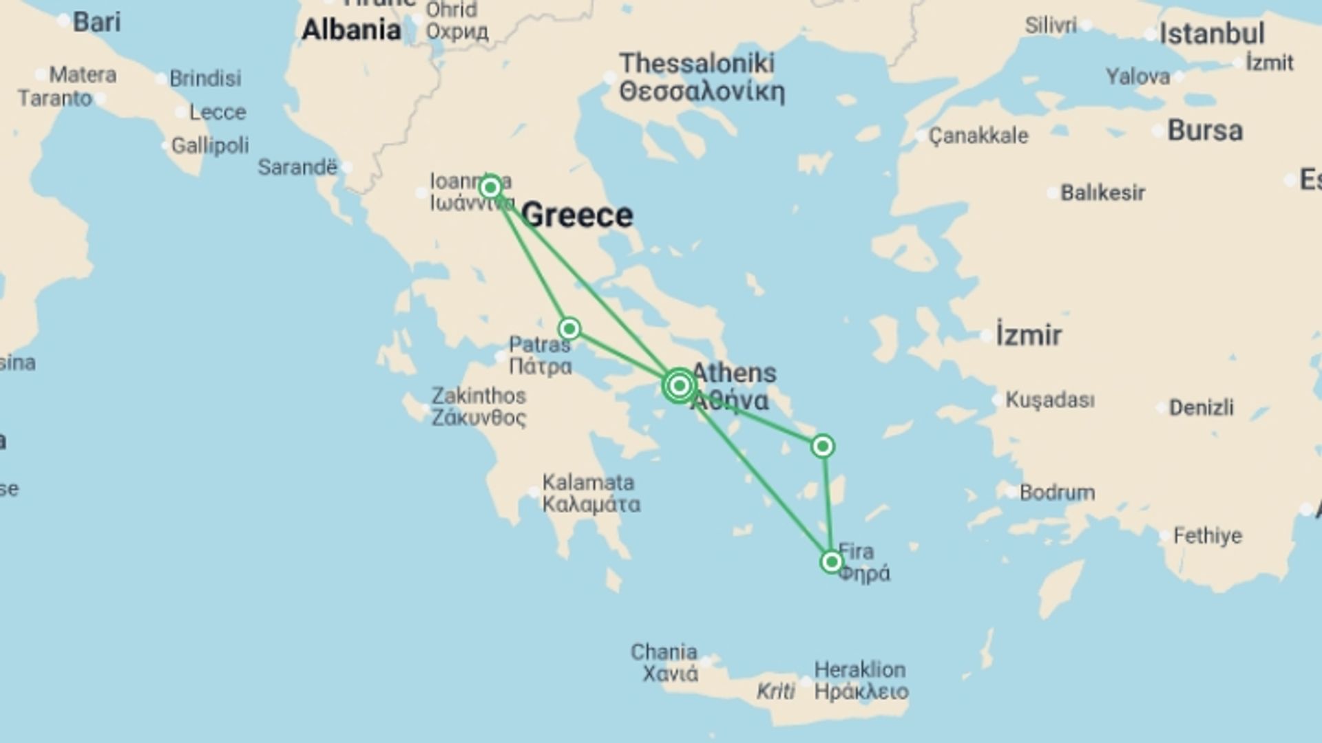 A map showing the tour itinerary for the trip: Highlights of Greece with Island Explorer, starting in Athens, Greece and ending in Athens, Greece going through 4 other destinations.