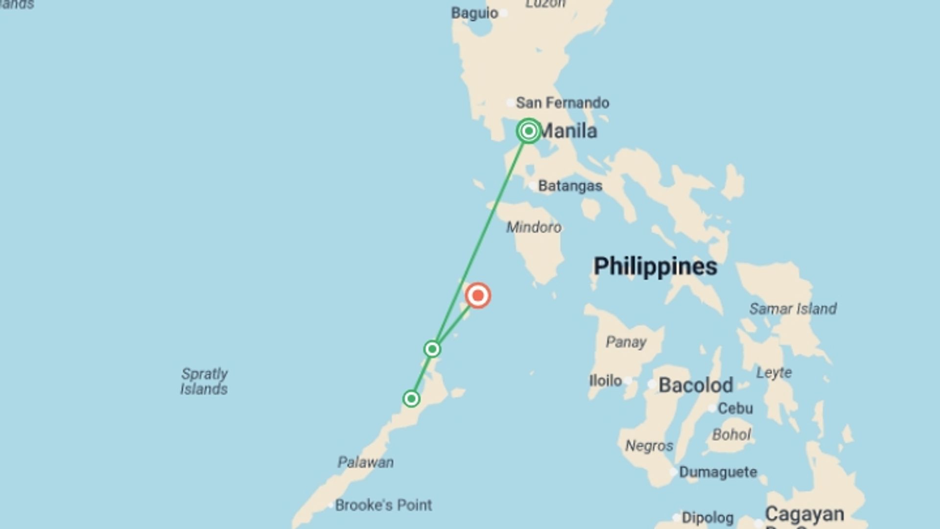 A map showing the tour itinerary for the trip: Philippines: Snorkel & Stargaze, starting in Manila, Philippines and ending in Coron, Philippines going through 2 other destinations.