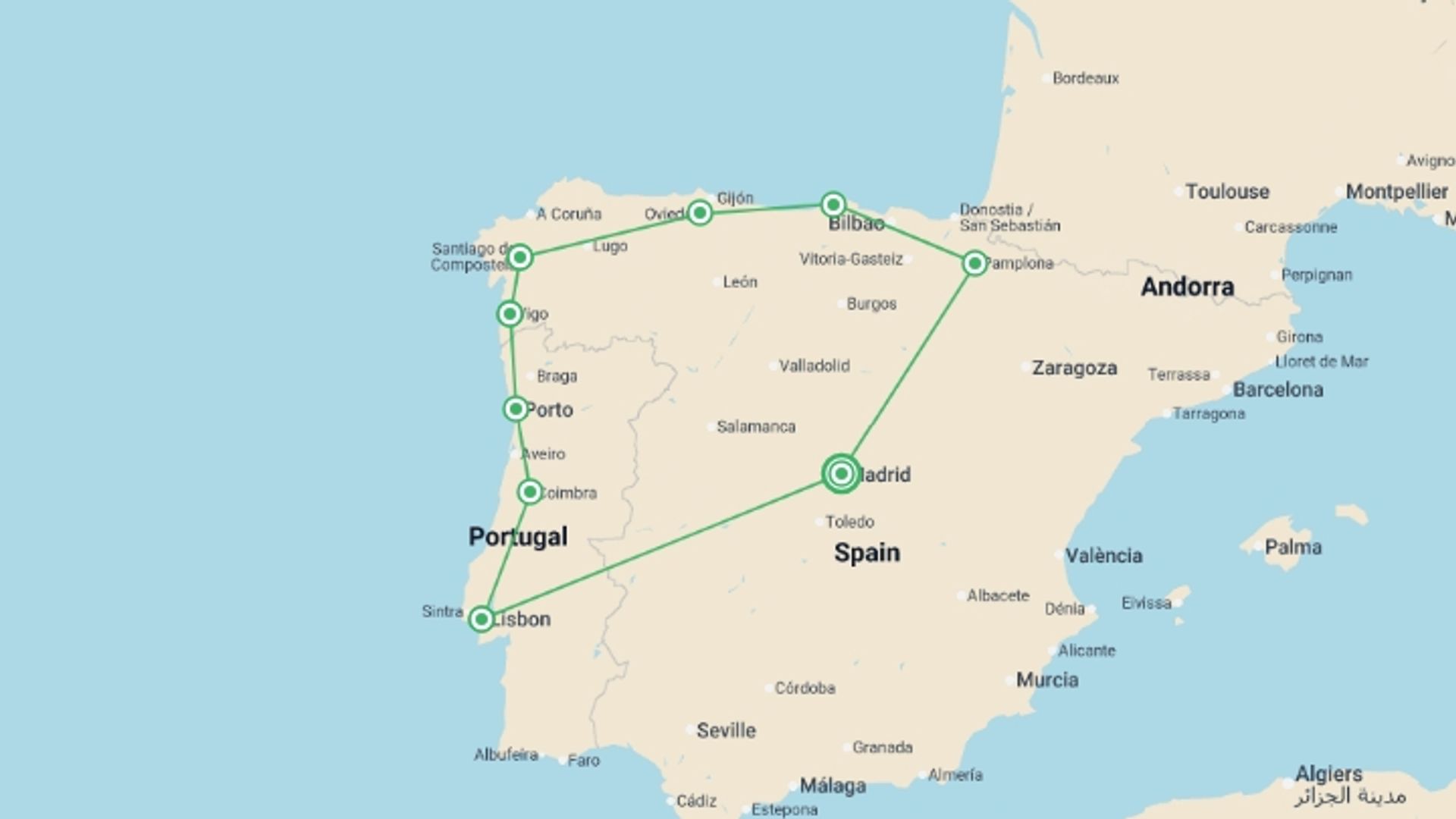 A map showing the tour itinerary for the trip: Madrid to Northern Spain & Lisbon - 12 days, starting in Madrid, Spain and ending in Madrid, Spain going through 8 other destinations.