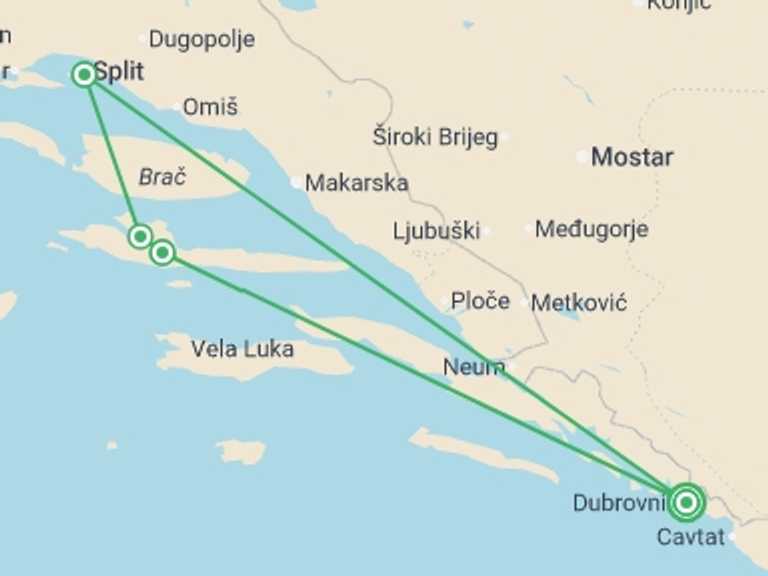 Map itinerary of Mediterranean Tour in September 2026 with 3 destination visits for the trip: Coast And Hvar 8 Days, Self-drive