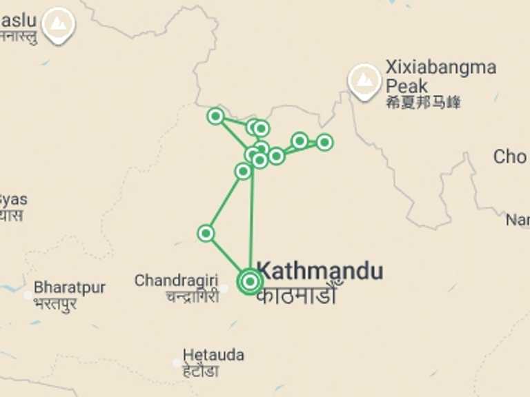 Map of Kathmandu Adventure Tour with 13 destination visits for the trip: Tamang Heritage & Langtang Valley Trek