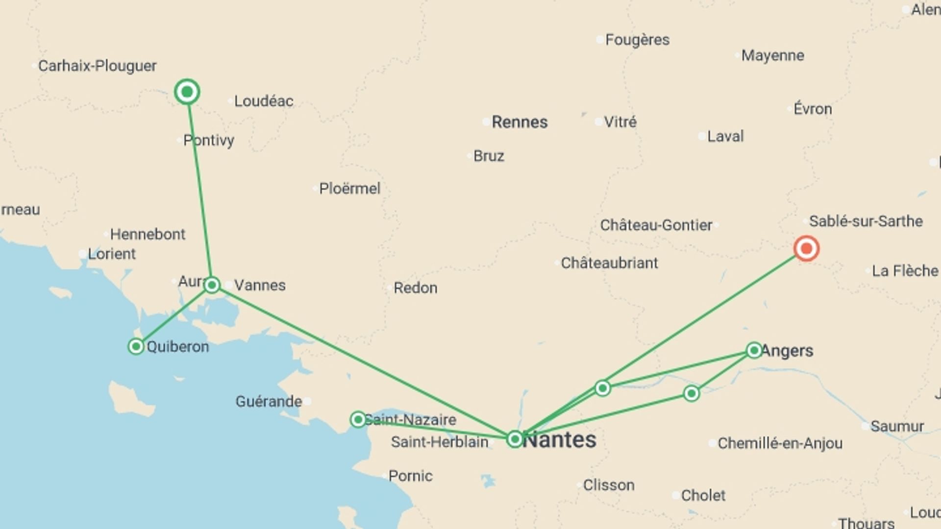 A map showing the tour itinerary for the trip: Beautiful Brittany and Royal Opulence in the Loire (port-to-port cruise), starting in Brittany, France and ending in Pays de la Loire, France going through 3 other destinations.