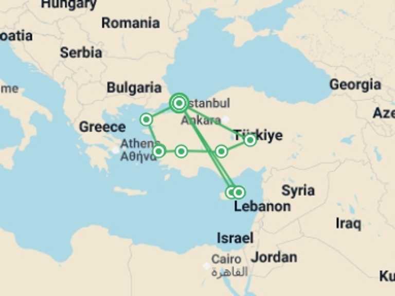 Map itinerary of Mediterranean Tour in October 2026 with 10 destination visits for the trip: Fire of Anatolia with Cyprus Sun