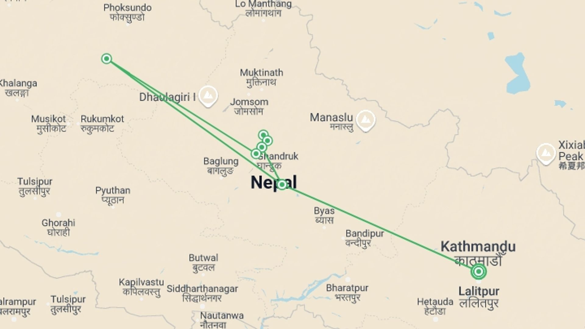 A map showing the tour itinerary for the trip: Annapurna Base Camp Short Trek, starting in Kathmandu, Nepal and ending in Kathmandu, Nepal going through 6 other destinations.
