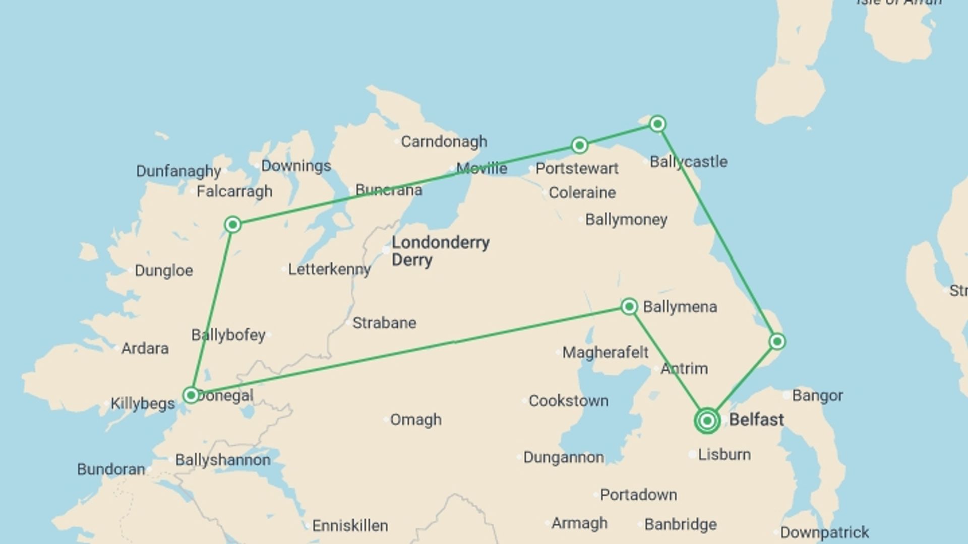 A map showing the tour itinerary for the trip: Walk Northern Ireland and Donegal, starting in Belfast, Ireland and ending in Belfast, Ireland going through 6 other destinations.