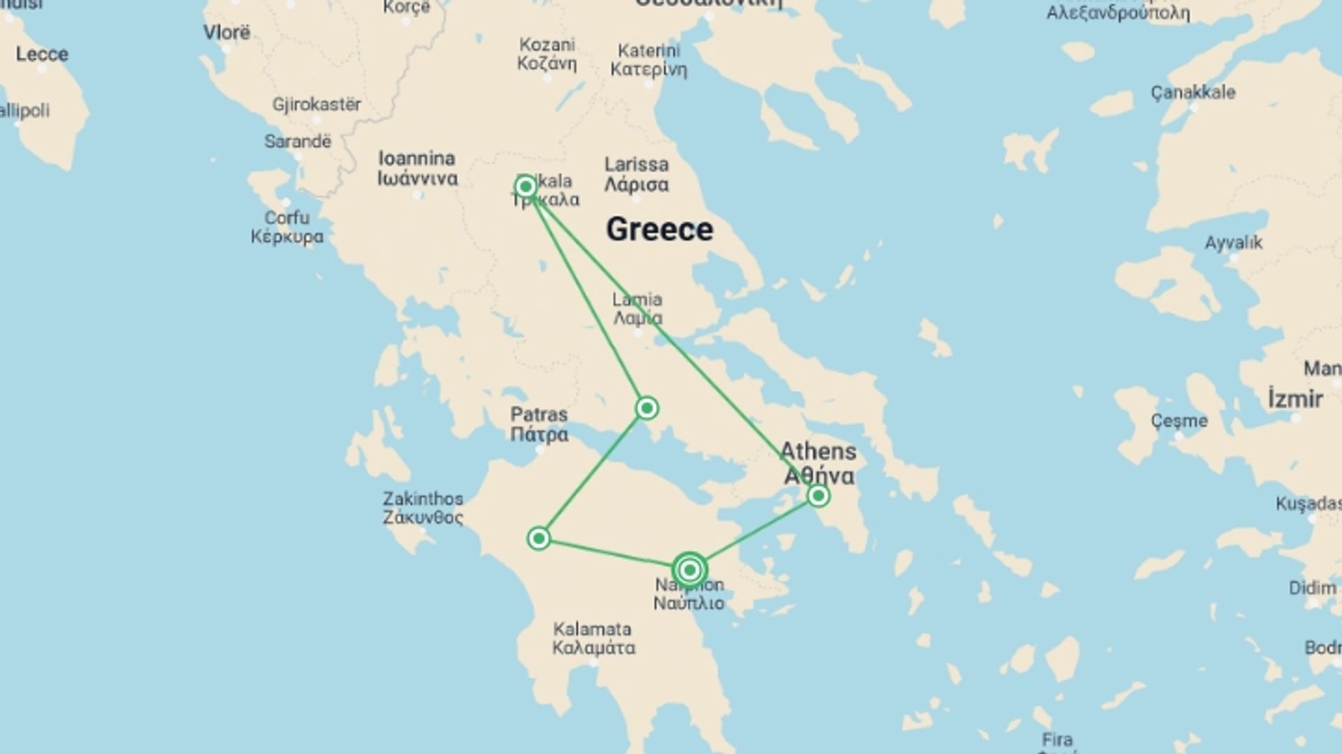 A map showing the tour itinerary for the trip: 5 Days Mainland Greece With Meteora And Nafplion, starting in Nafplion, Greece and ending in Nafplion, Greece going through 5 other destinations.