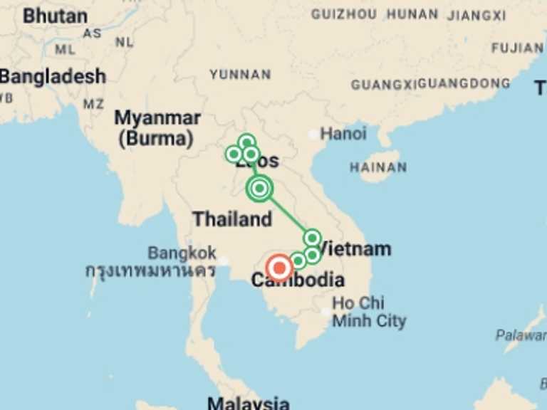 Map of Indochina Cultural, religious and historic sites Tour with 9 destination visits for the trip: Spirit of Laos and Cambodia