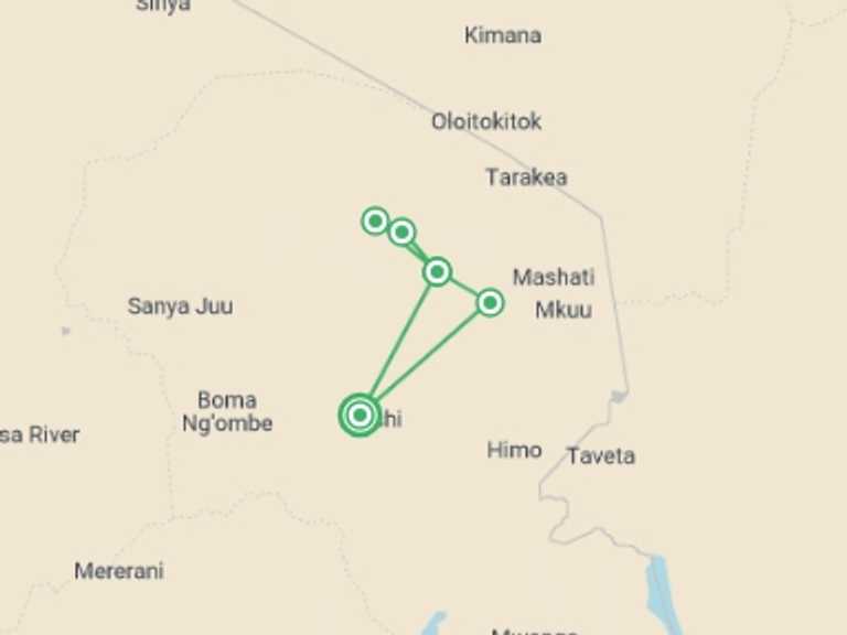 Map itinerary of Moshi Tour in February 2027 with 5 destination visits for the trip: Climbing Mount  Kilimanjaro 6-day Marangu Route