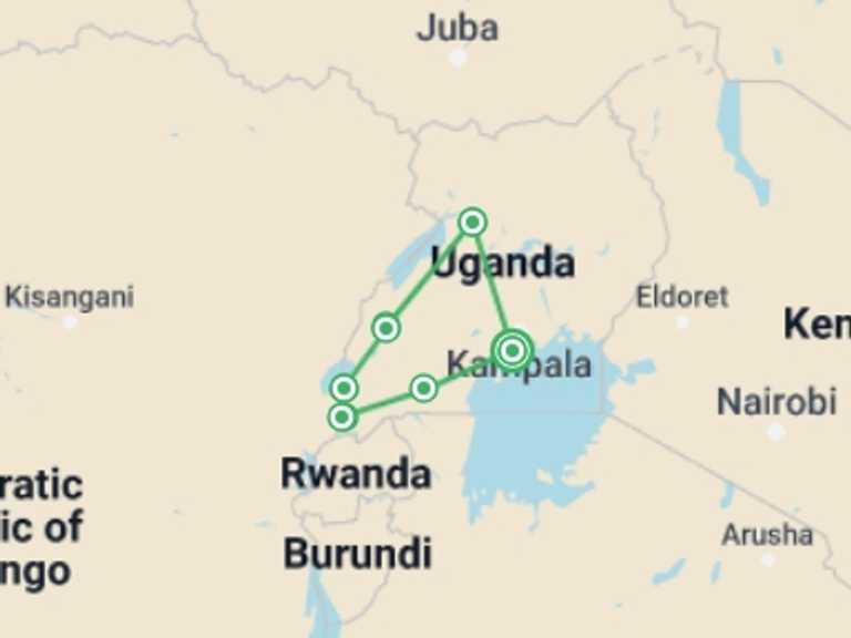 Map of a Gorilla and chimpanzee tracking Tour with 9 destination visits for the trip: Uganda Highlights: Eleven Day Safari