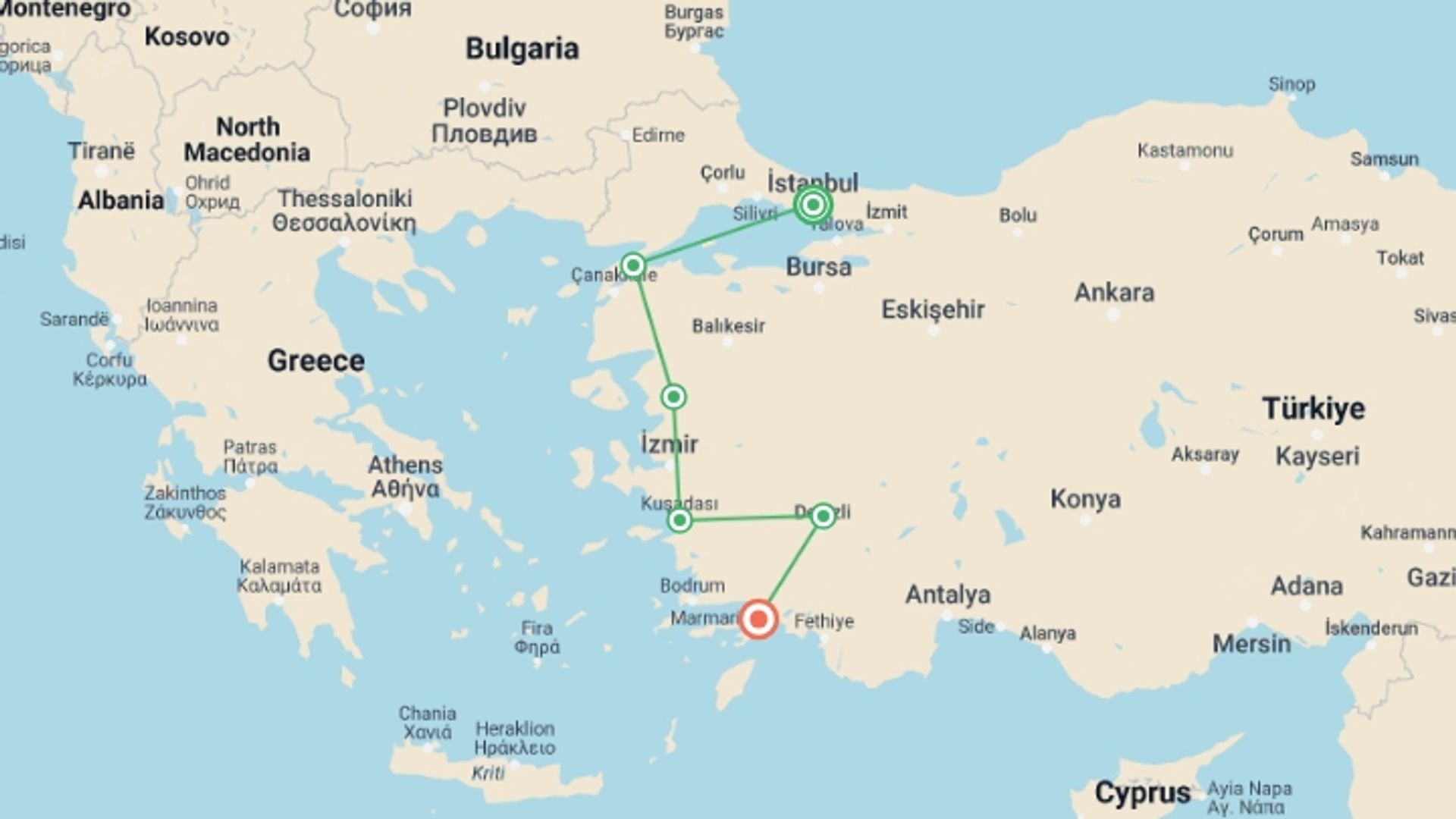 A map showing the tour itinerary for the trip: Aegean Prelude Tour, starting in Istanbul, Turkey and ending in Marmaris, Turkey going through 6 other destinations.