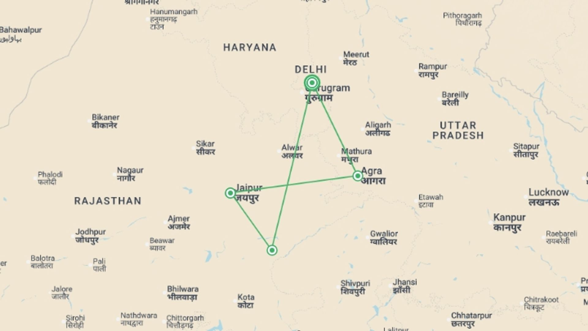 A map showing the tour itinerary for the trip: Classic India & Tigers - 7 days, starting in New Delhi, India and ending in New Delhi, India going through 3 other destinations.