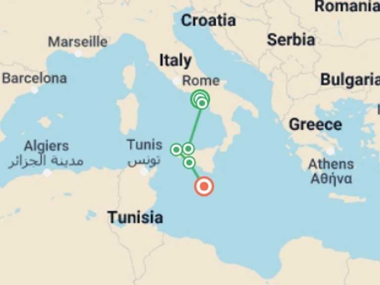 Map of a Cruise Tour with 6 destination visits for the trip: The Best Spots in Sicily and Southern Italy (port-to-port cruise)