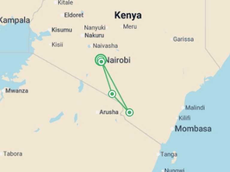 Map itinerary of Africa Tour in July 2026 with 4 destination visits for the trip: Kenya Amboseli & Tsavo Safari - 5 days