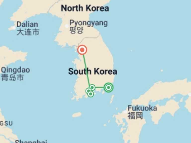 Map itinerary of Asia Tour in March 2027 with 4 destination visits for the trip: Coastal Charms of South Korea