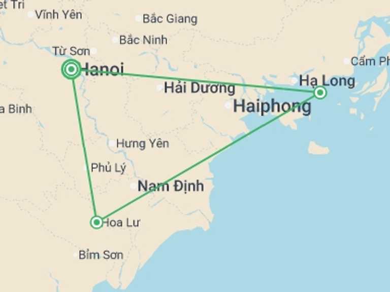 Map itinerary of Ninh Binh Tour in Fall with 3 destination visits for the trip: Hanoi, Ninh Binh and Halong Bay - 7 days