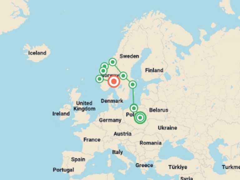 Map of Europe Tour with 10 destination visits for the trip: Fabulous Poland and Fjords End Oslo