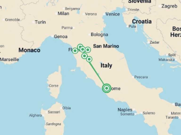 Map of 9-Day Florence Tour with 5 destination visits for the trip: Rome and Tuscan Highlights