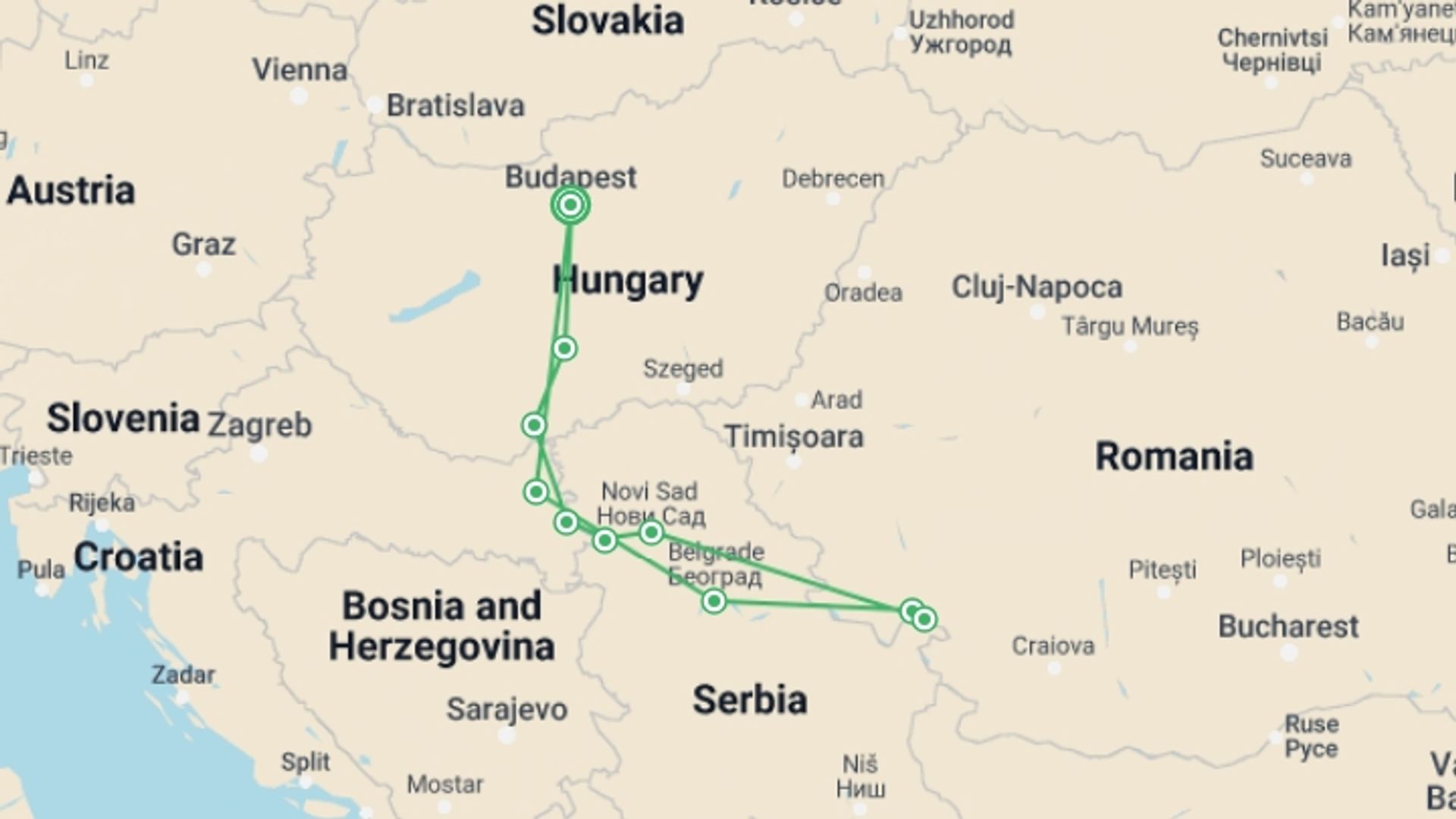 A map showing the tour itinerary for the trip: Budapest, the Pearl of the Danube (port-to-port cruise), starting in Budapest, Hungary and ending in Budapest, Hungary going through 5 other destinations.