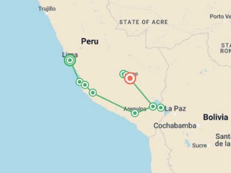 Map itinerary of Lima Tour in December 2026 with 7 destination visits for the trip: Lima to Machu Picchu Road Trip