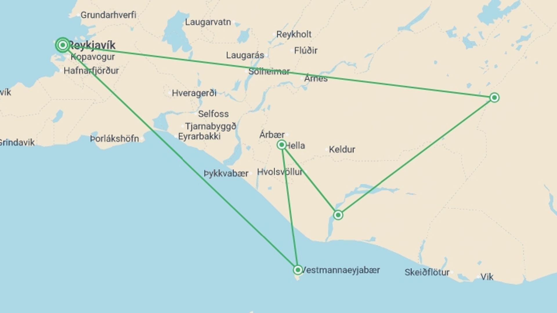 A map showing the tour itinerary for the trip: South Iceland Summer Explorer - 6 days, starting in Reykjavik, Iceland and ending in Reykjavik, Iceland going through 4 other destinations.