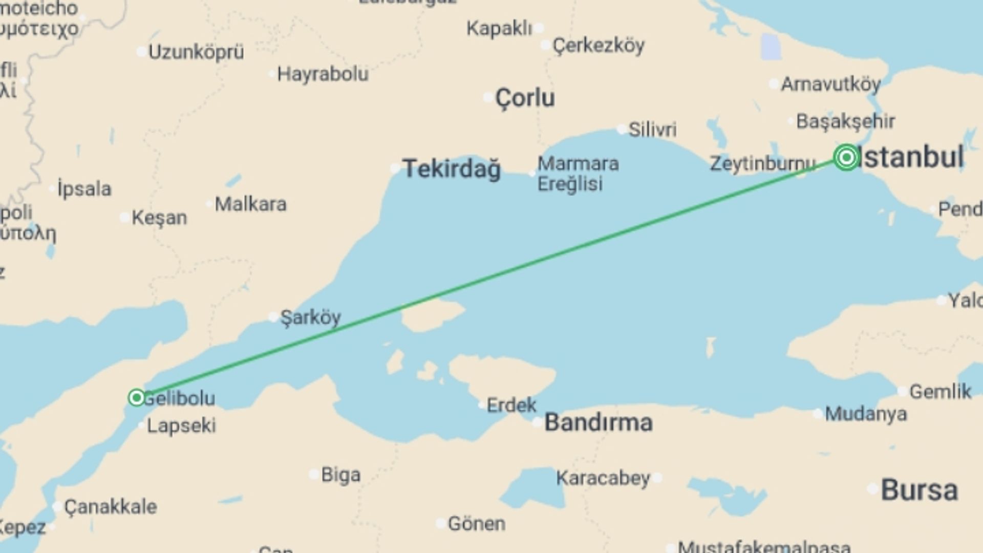 A map showing the tour itinerary for the trip: Anzac Day Tour-4 Days, starting in Istanbul, Turkey and ending in Istanbul, Turkey going through 1 other destinations.