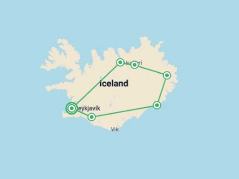Map itinerary of Europe Tour in Fall with 6 destination visits for the trip: Iceland Circle Winter