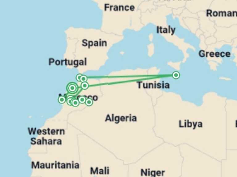 Map itinerary of Chefchaouen Tour in December 2025 with 9 destination visits for the trip: Highlights of Morocco