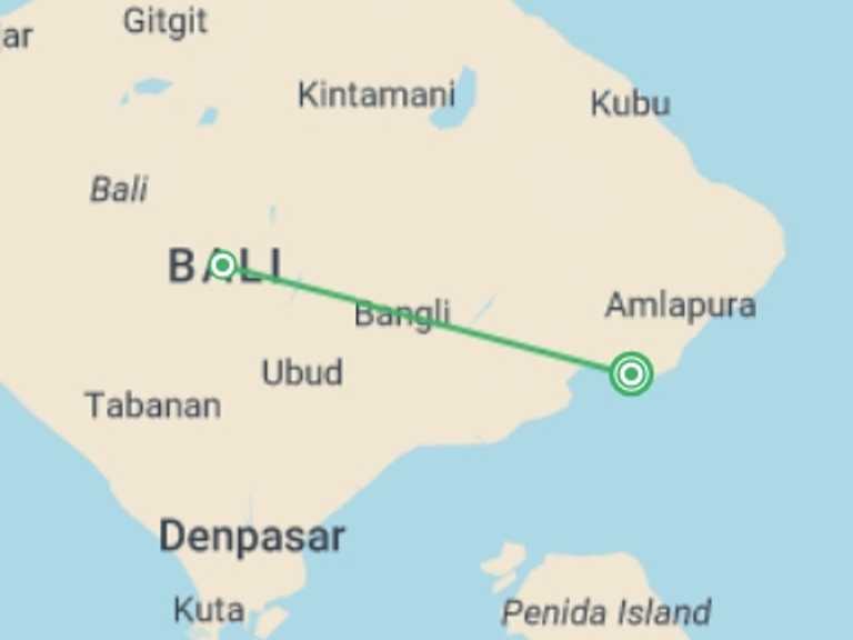 Map of a Adventure and sport Tour with 2 destination visits for the trip: 2-day Private East Bali Discovery