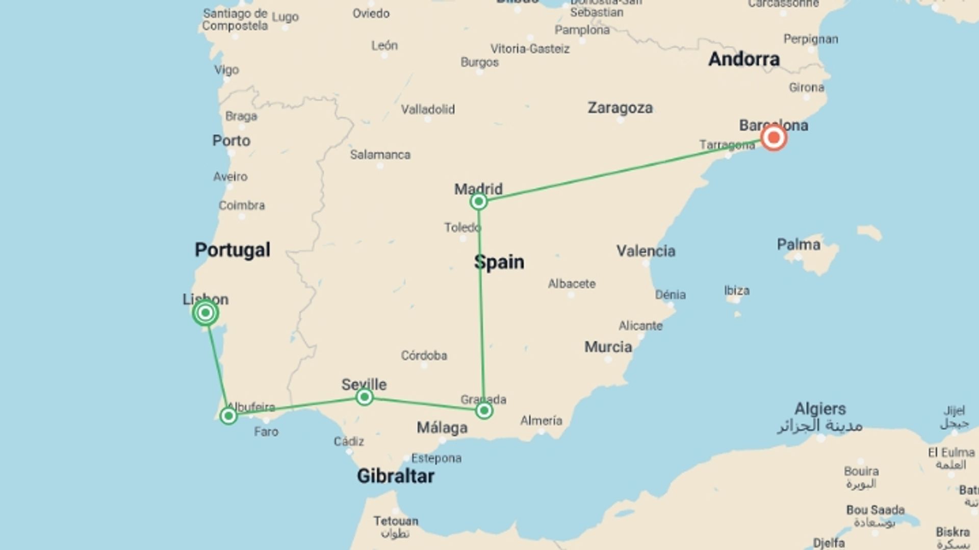 A map showing the tour itinerary for the trip: Essential Spain and Portugal, starting in Lisbon, Portugal and ending in Barcelona, Spain going through 4 other destinations.